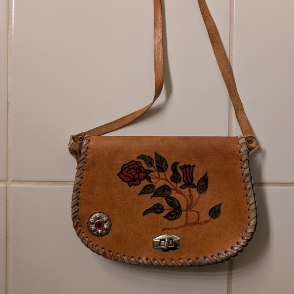 American Vintage Handbags - Vintage Boho Hippie Tan Real Leather Shoulder Bag with Floral Design Metal Clasp